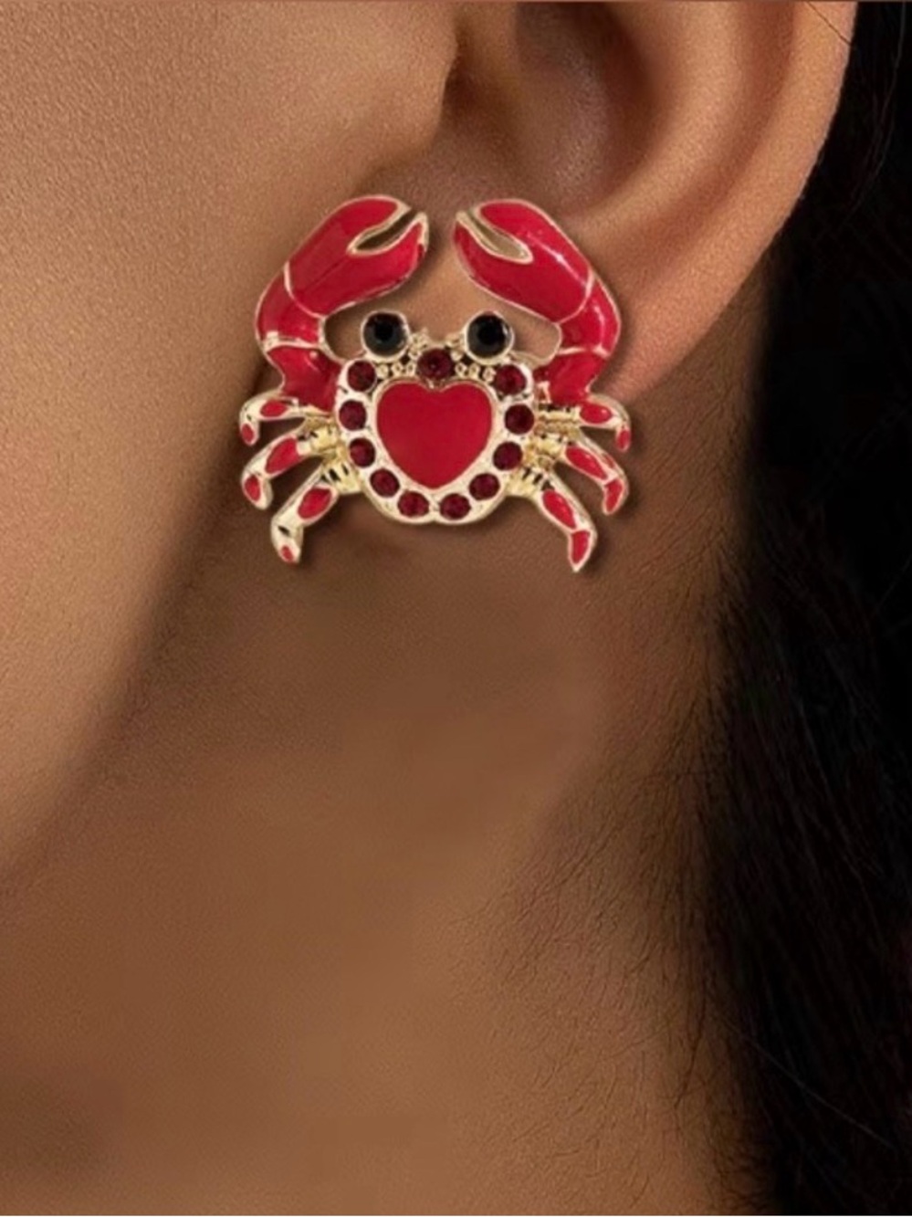 New Red Crab Heart Stud Earrings - Women Jewelry